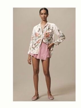 Anthropologie Cream Top with Pink Pom-Pom Trim